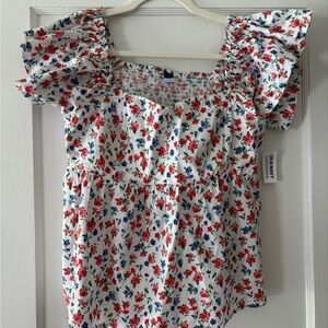 Old Navy Floral Puff Sleeve Blouse - Red and Blue